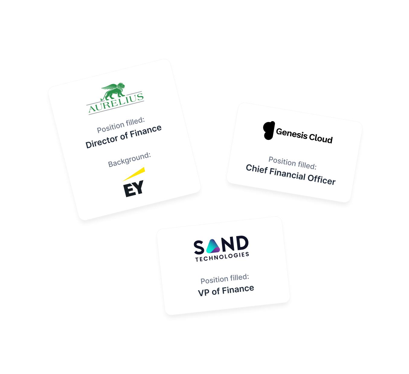 Three cards each containing the logo of a business with matching job titles.